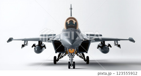 Conceptual representation of the frontal view of a modern dark fighter jet standing on the ground ready for combat and parked 123555912