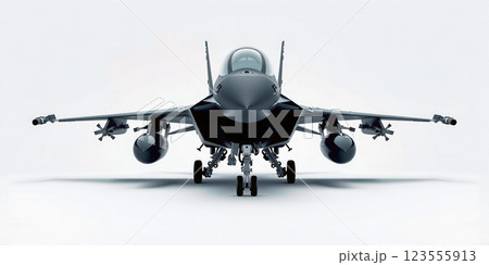 Conceptual representation of the frontal view of a modern dark fighter jet standing on the ground ready for combat and parked 123555913