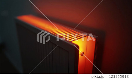 conceptual representation of a radiator that radiates heat and heats the living space, central heating and costs for energy supply 123555918