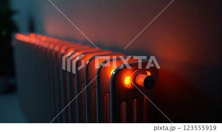 conceptual representation of a radiator that radiates heat and heats the living space, central heating and costs for energy supply 123555919