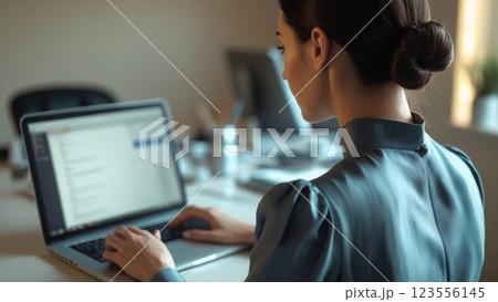 A girl conducts an online interview on her laptop at home. Concept of online work, balance of work and rest, recruiting A girl conducts an online interview on her laptop at home. Concept of online work, balance of work and rest, recruiting 123556145