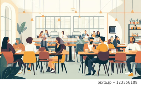 Busy cafe interior with diverse people enjoying coffee, food, and conversation. 123556189