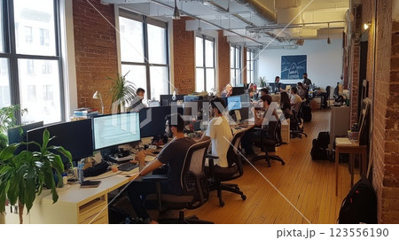 Busy open-plan office with employees working at computers, large windows, and exposed brick walls. 123556190