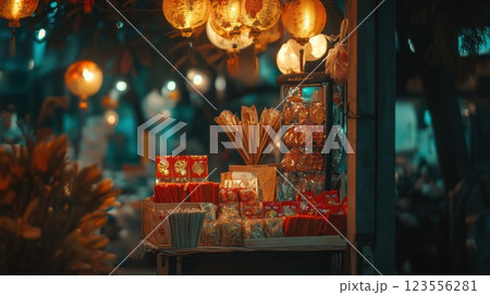 Night market stall with lanterns, snacks, and trinkets. 123556281