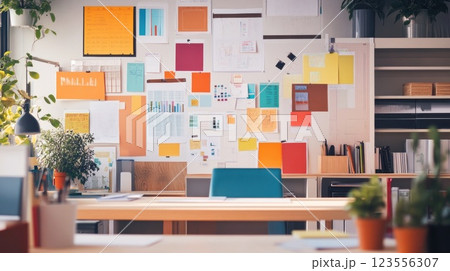 Colorful office workspace with desk, whiteboard, and shelves. Colorful office workspace with desk, whiteboard, and shelves. 123556307