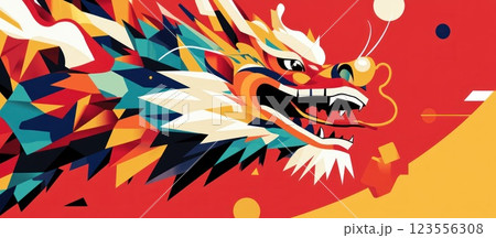 Colorful geometric dragon head illustration. 123556308