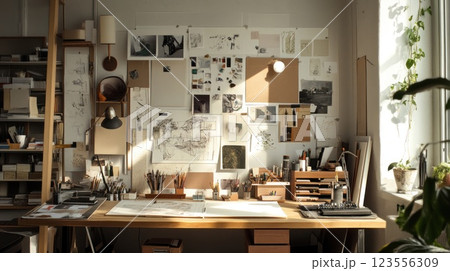 Sunlit artist's studio workspace with mood board, desk, and tools. 123556309