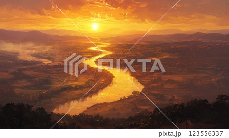 Serene sunset over a winding river valley, bathed in warm golden light. 123556337