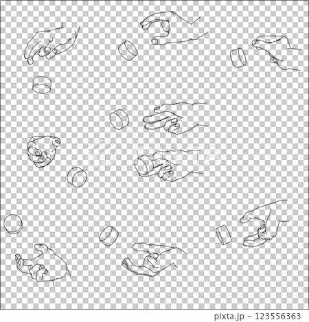ダイアルを回す手のセット 白黒のベクターイラスト。 ダイアルを回す手のセット 白黒のベクターイラスト。 123556363