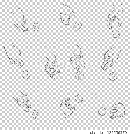 Set of hands turning dials. Black and white vector illustration. Set of hands turning dials. Black and white vector illustration. 123556370