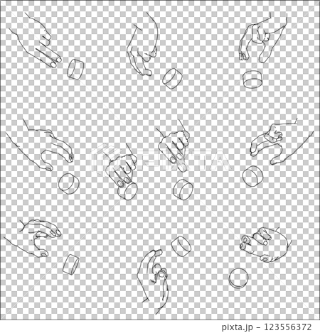 Set of hands turning dials. Black and white vector illustration. 123556372