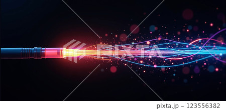 Luminous optical fiber cable for connection and data transmission at the speed of light, increasing data rates and data throughput 123556382