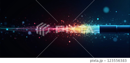 Luminous optical fiber cable for connection and data transmission at the speed of light, increasing data rates and data throughput 123556383
