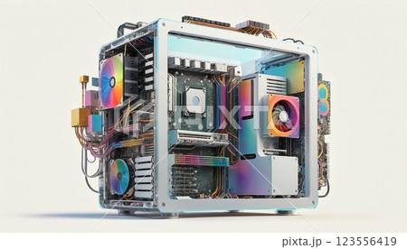Illustrative representation of a transparent modern computer with all its parts, processes and components in a computing machine - ai generated 123556419