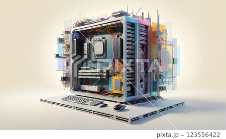 Illustrative representation of a transparent modern computer with all its parts, processes and components in a computing machine - ai generated 123556422