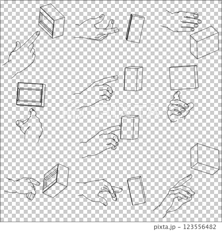 Illustration set of hands pressing buttons 123556482