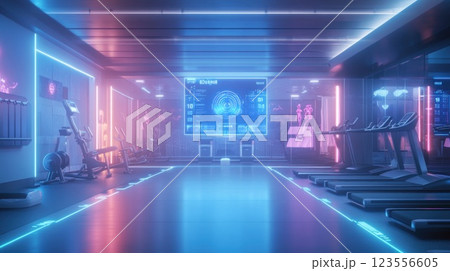 Futuristic gym with neon lighting, interactive screens, and advanced fitness equipment. Futuristic gym with neon lighting, interactive screens, and advanced fitness equipment. 123556605