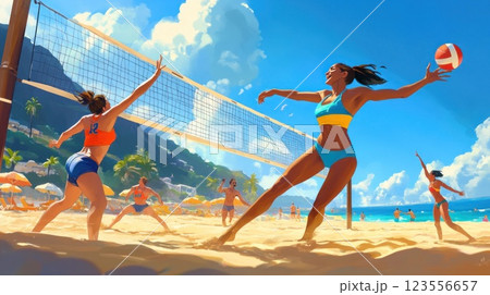 Beach volleyball players in action on a sunny beach, with spectators and ocean in the background. 123556657