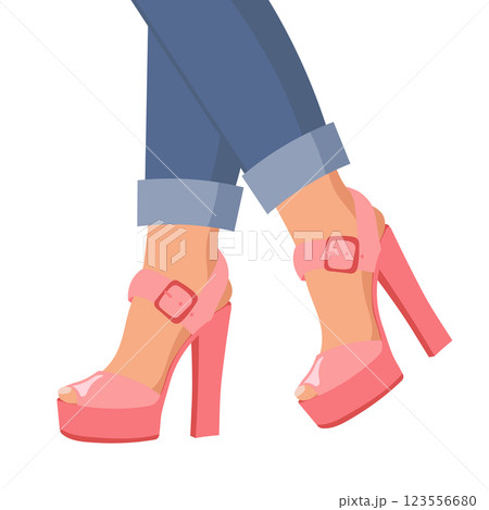 Female legs in pink high heels and blue jeans. Fashion design. Flat style illustration. 123556680
