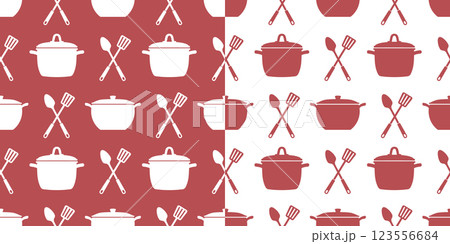 Seamless pattern with kitchen utensils. Cooking seamless pattern. Background with pots, spatulas and spoons. Monochrome print. 123556684