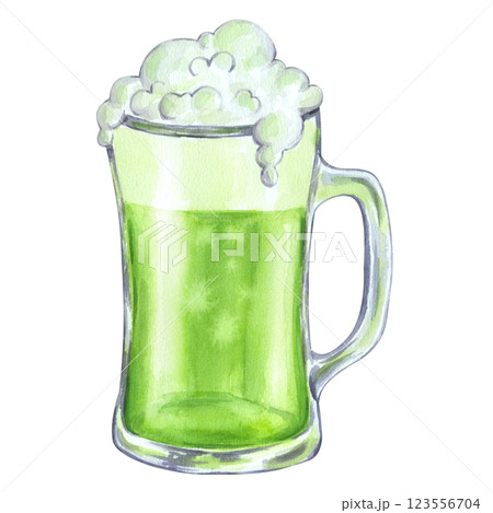 Glass mug with green beer for Saint Patrick's Day. Hand drawn watercolor illustration isolated background. Happy March 17th. For Irish bar menu, postcard, logo, invitation 123556704