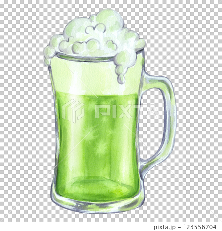 Glass mug with green beer for Saint Patrick's Day. Hand drawn watercolor illustration isolated background. Happy March 17th. For Irish bar menu, postcard, logo, invitation 123556704