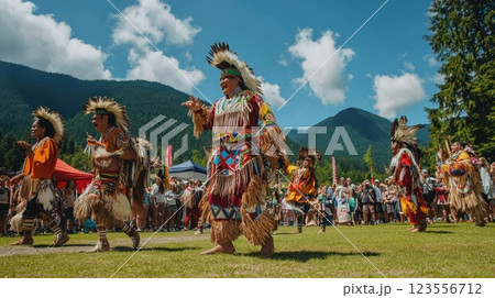 Indigenous dancers perform traditional dance in a vibrant outdoor ceremony, surrounded by spectators and mountains. Indigenous dancers perform traditional dance in a vibrant outdoor ceremony, surrounded by spectators and mountains. 123556712