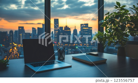 Laptop, notebook, and plant on desk overlooking city sunset. 123556757