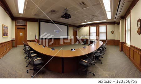 Curved conference table in a wood-paneled room with a projector and screen. 123556758