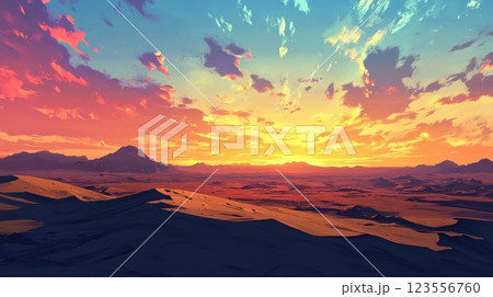 Vibrant sunset over a vast desert landscape with rolling sand dunes and distant mountains. 123556760