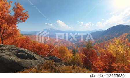 Panoramic autumn landscape with vibrant foliage, rocky outcrop, and distant mountains under a clear sky. Panoramic autumn landscape with vibrant foliage, rocky outcrop, and distant mountains under a clear sky. 123556864