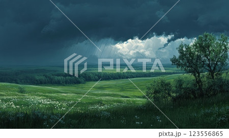 Dramatic stormy landscape with rain over green field and lone tree. Dramatic stormy landscape with rain over green field and lone tree. 123556865