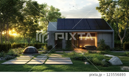 Modern eco-friendly house with solar panels, surrounded by lush greenery at sunset. Modern eco-friendly house with solar panels, surrounded by lush greenery at sunset. 123556893