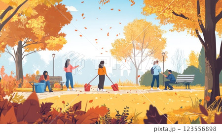 Autumn park scene with people raking leaves, chatting, and relaxing on benches. 123556898