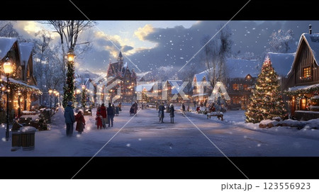 Snowy Christmas village street scene at dusk with people walking, snow falling, and festive decorations. 123556923