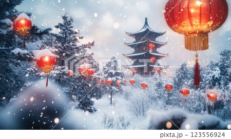 Snowy winter landscape with a pagoda and red lanterns. 123556924