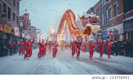 Dragon dance parade in snowy city street during Chinese New Year. 123556941