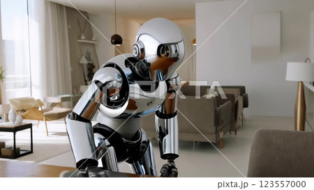 Robot is polishing a table in a modern living room 123557000