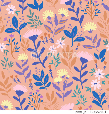 Seamless pattern with cute gentle doodle flowers. Feminine romantic print for scrapbooking and textile.  123557001