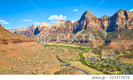 Aerial of Zion National Park Cliffs and Valley Road in Springdale, Utah 123557078