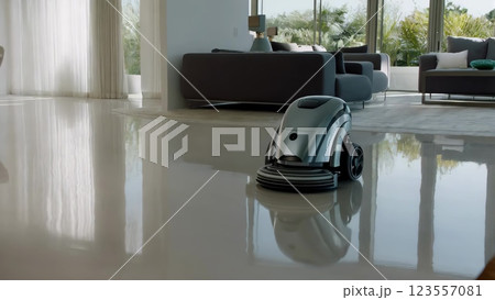 Modern Robot Cleaning Floor in Luxury Apartment 123557081