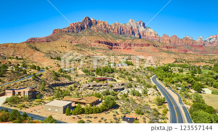 Aerial of Red Rock Formations and Homes in Zion National Park 123557144