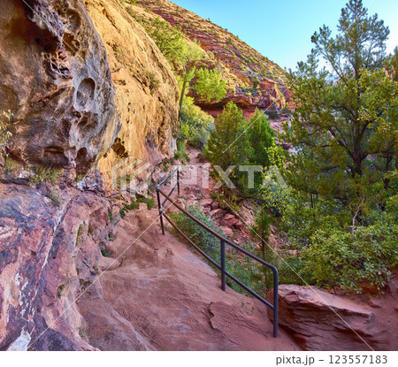 Zion National Park Canyon Trail with Metal Rail Panorama Perspective Zion National Park Canyon Trail with Metal Rail Panorama Perspective 123557183