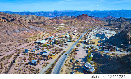 Aerial of Nelson Nevada Ghost Town Desert Landscape Aerial of Nelson Nevada Ghost Town Desert Landscape 123557234