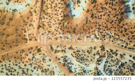 Aerial of Utah Desert Landscape with Dirt Road and Sparse Vegetation Aerial of Utah Desert Landscape with Dirt Road and Sparse Vegetation 123557235