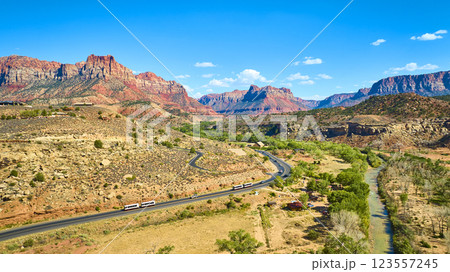 Aerial of Zion National Park Red Rock Formations and Scenic Road 123557245
