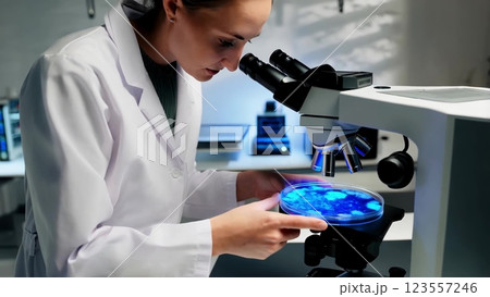 Scientist examining petri dish with blue colonies under microscope 123557246