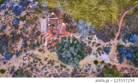 Aerial of Red Rock Canyon Ruins and Hiking Trail 123557254