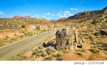 Aerial of Desert Road and Red Rocks in Grafton Utah Aerial of Desert Road and Red Rocks in Grafton Utah 123557284