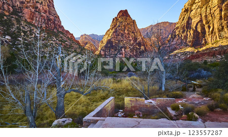 Aerial of Red Rock Canyon Sandstone Peak at Sunset Aerial of Red Rock Canyon Sandstone Peak at Sunset 123557287